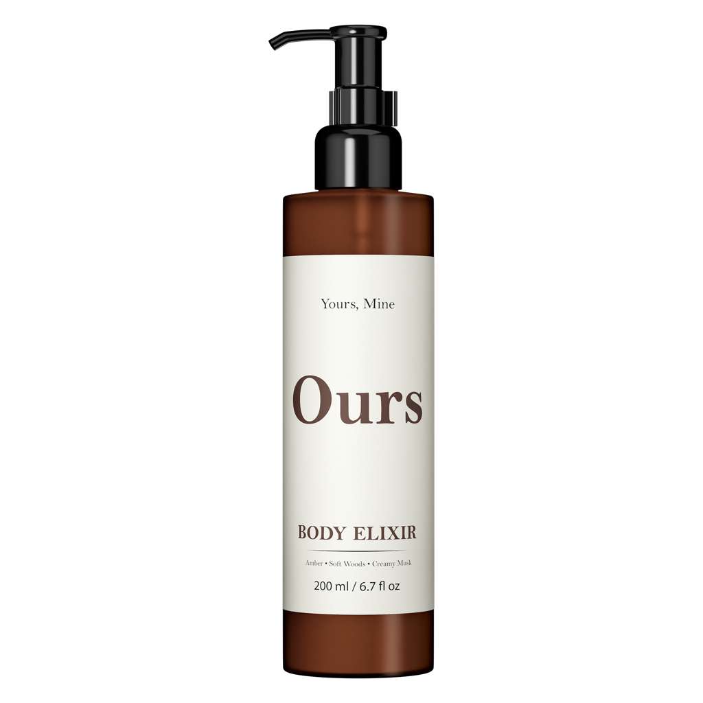 Bottle of 'Ours' body elixir on a white background