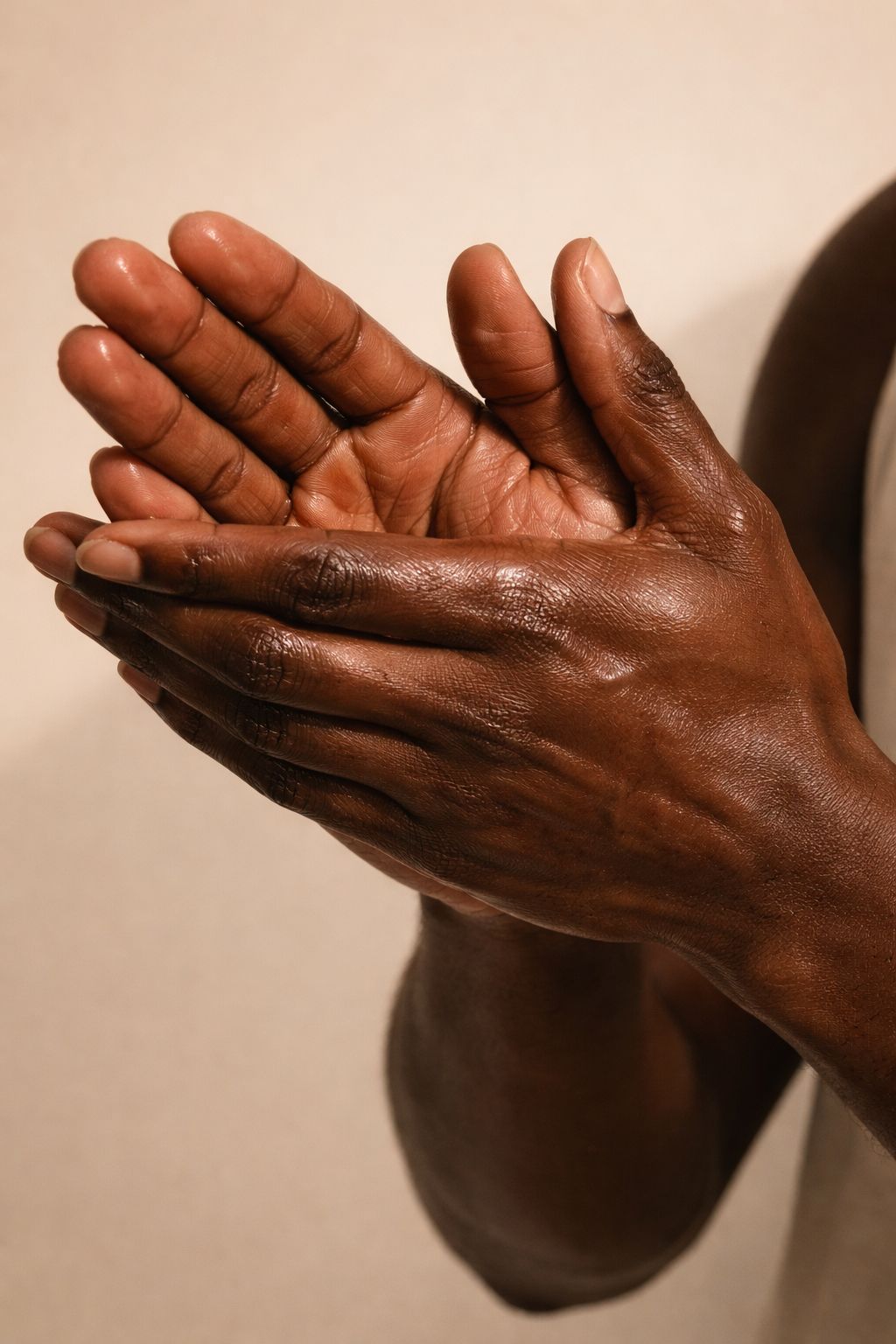 Close-up of two hands with dark skin tone on a plain background