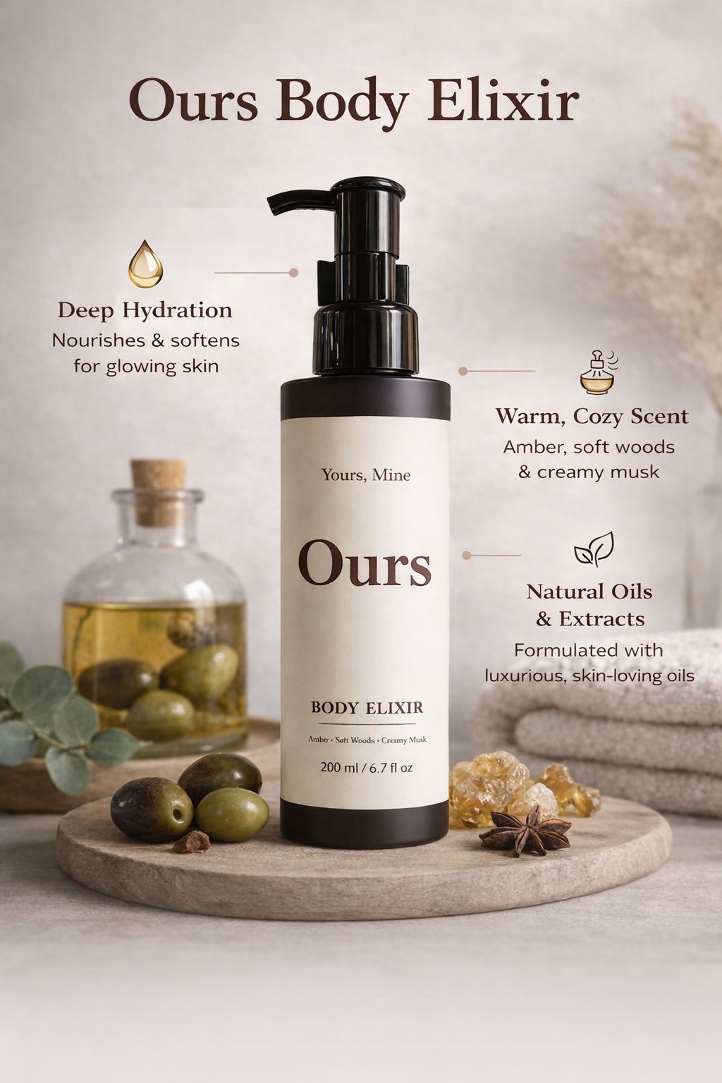 Body elixir bottle with olives and a wooden background